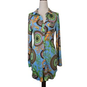 Julia by Love J Womens Baroque Medallion Button Up Shirt Dress Blue Medium